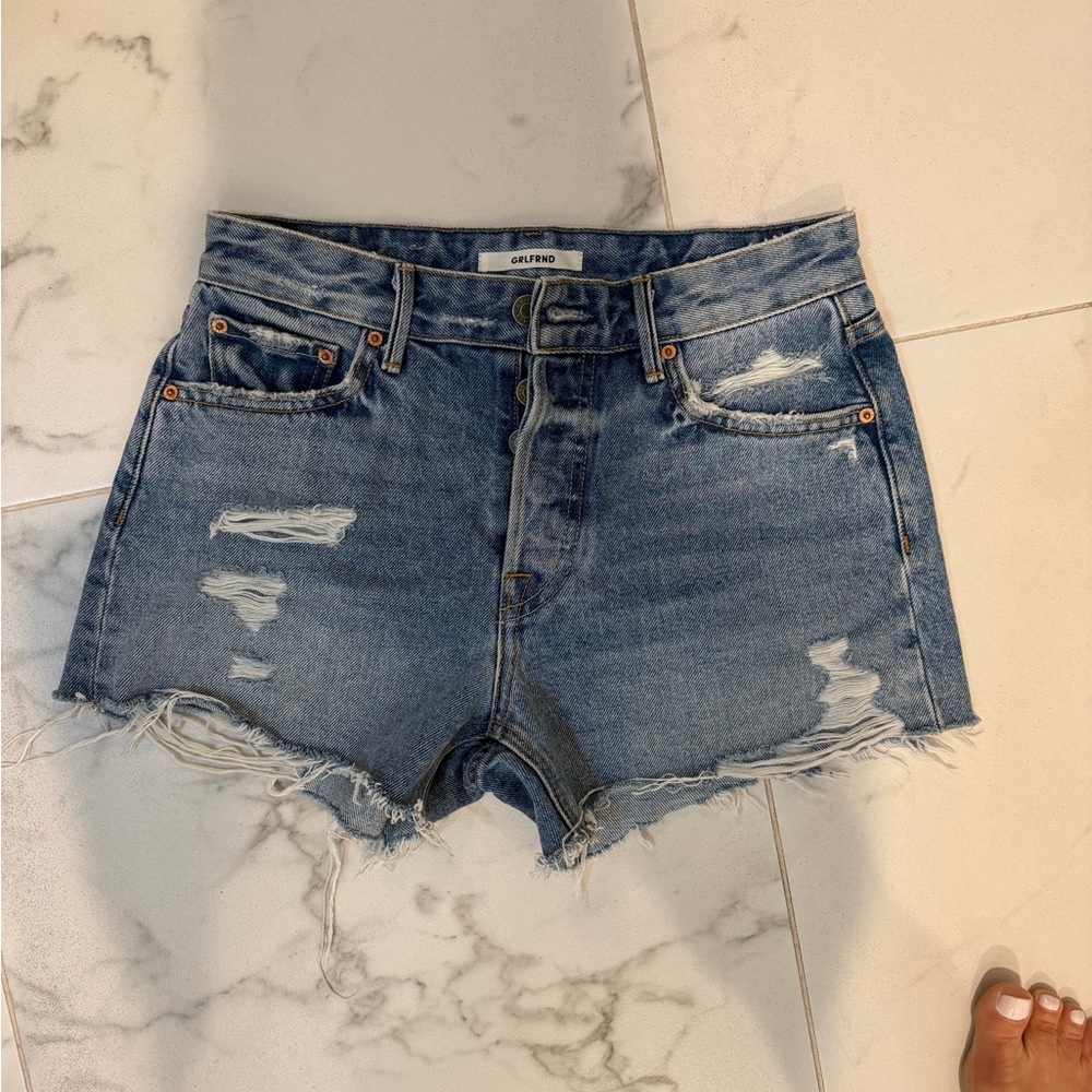 GRLFRND Medium Blue Distressed High-Rise Denim Shorts